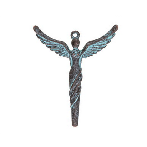 Winged Nike Goddess Brass Pendant with oxidized patina