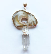 Load image into Gallery viewer, Brazilian Oco Geode Brown Agate Druzy Slice and Quartz Point Pendant with Sterling Silver
