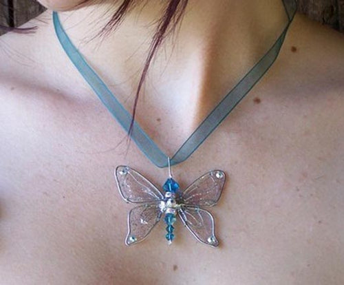 Butterfly Pendant of Swarovski Crystals on Organza Ribbon or Leather Cord