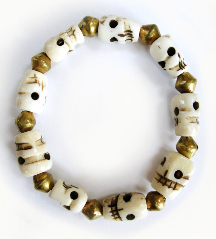 Yak Bone Skull Beads Mala Bracelet with Round Brass Beads