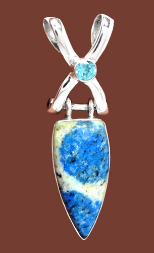 K2 Pendant Azurite in Granite with Blue Topaz in Sterling Silver criss-cross setting