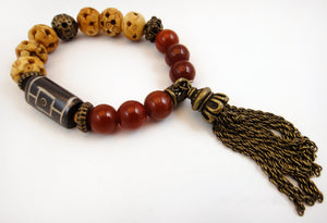 Carnelian, Bone and Brass Stretch Bead Bracelet with Chain Tassel