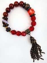Load image into Gallery viewer, Carnelian, Glass Crystal, Wood and Brass Stretch Bead Bracelet with Chain Tassel