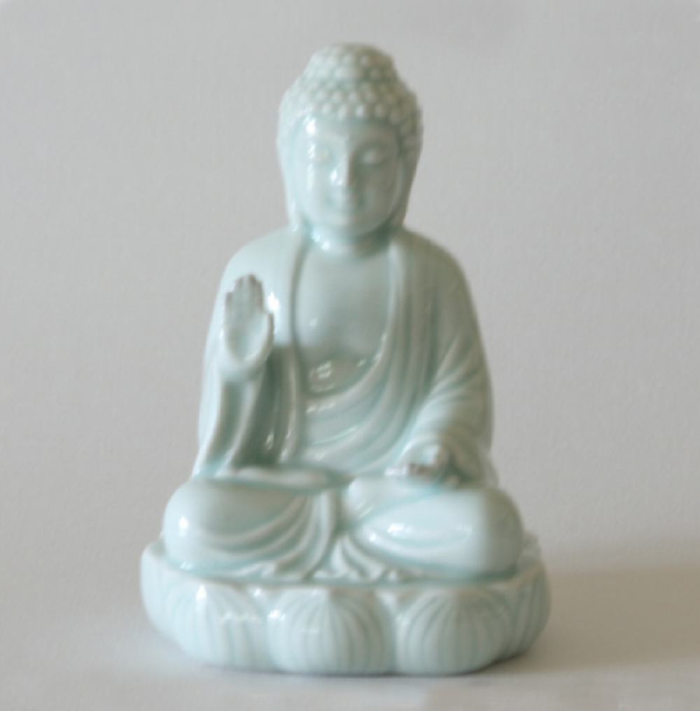 Sitting Buddha Statue in Fearlessness Mudra Pose with Celadon Glaze