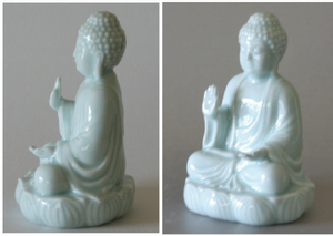 Sitting Buddha Statue in Fearlessness Mudra Pose with Celadon Glaze