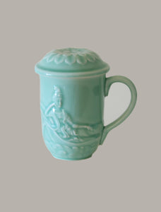 Celadon Green Glazed Porcelain Reclining Quan Yin Mug with Lotus Lid