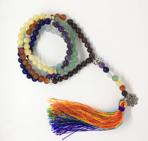 Chakra Meditation Beads - 8mm 108 Bead Mala with Rainbow Tassel and Lotus Charm