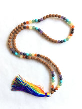 Load image into Gallery viewer, Chakra Gems Rudraksha 8mm 108 Bead Mala with Rainbow Tassel