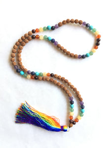 Chakra Gems Rudraksha 8mm 108 Bead Mala with Rainbow Tassel