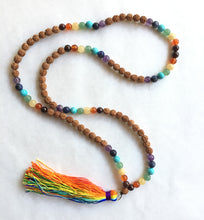 Load image into Gallery viewer, Chakra Gems Rudraksha 8mm 108 Bead Mala with Rainbow Tassel