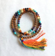 Load image into Gallery viewer, Chakra Gems Rudraksha 8mm 108 Bead Mala with Rainbow Tassel