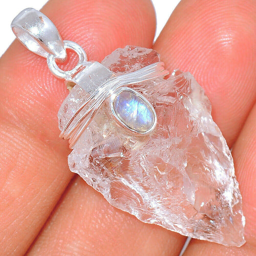 Clear Quartz Crystal Pendant with Moonstone in Arrowhead Shape