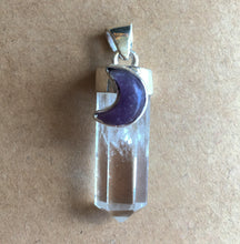 Load image into Gallery viewer, Clear Quartz Point Pendant with Purple Lepidolite Crescent