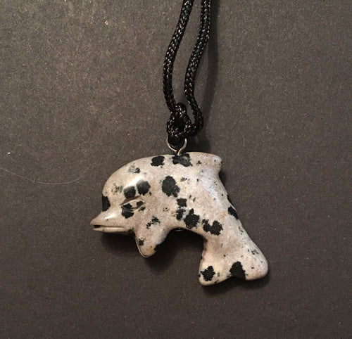 Dalmatian Stone Dolphin Pendant Necklace on Black Cord aka Dolphin Fetish