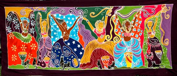 Dancing Goddesses Balinese Batik Rayon Wall Hanging Banner