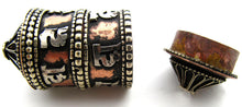 Load image into Gallery viewer, Opening Tibetan Brass and Copper Prayer Wheel Bead Inscribed: Om Mani Padme Hum - The jewel in the heart of the lotus.