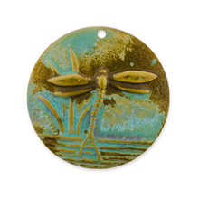 Load image into Gallery viewer, Dragonfly Disc Charm in Brass with teal green Patina