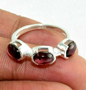 Garnet Ring 3 oval garnets sterling silver ring size 8.25