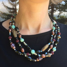 Load image into Gallery viewer, Iced Berry Beaded Glass Necklace of tumbled glass, dyed bone and brass.
