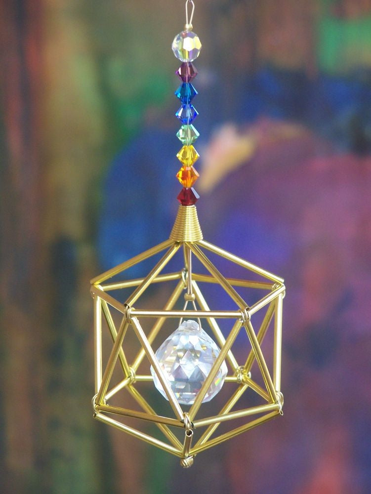 Icosahedron Suncatcher Mobile with Chakra Theme Swarovski Crystals Gold Tone