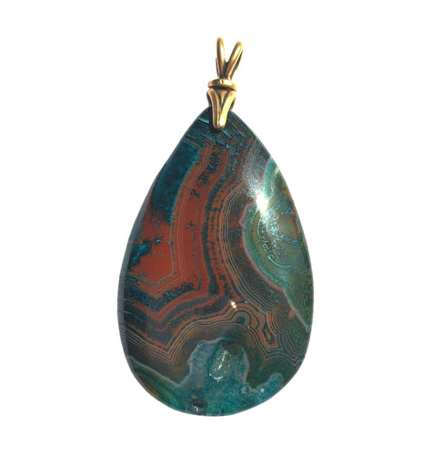 Crazy Lace Agate Pendant green and red with brass plated pewter art deco swivel torch bail.