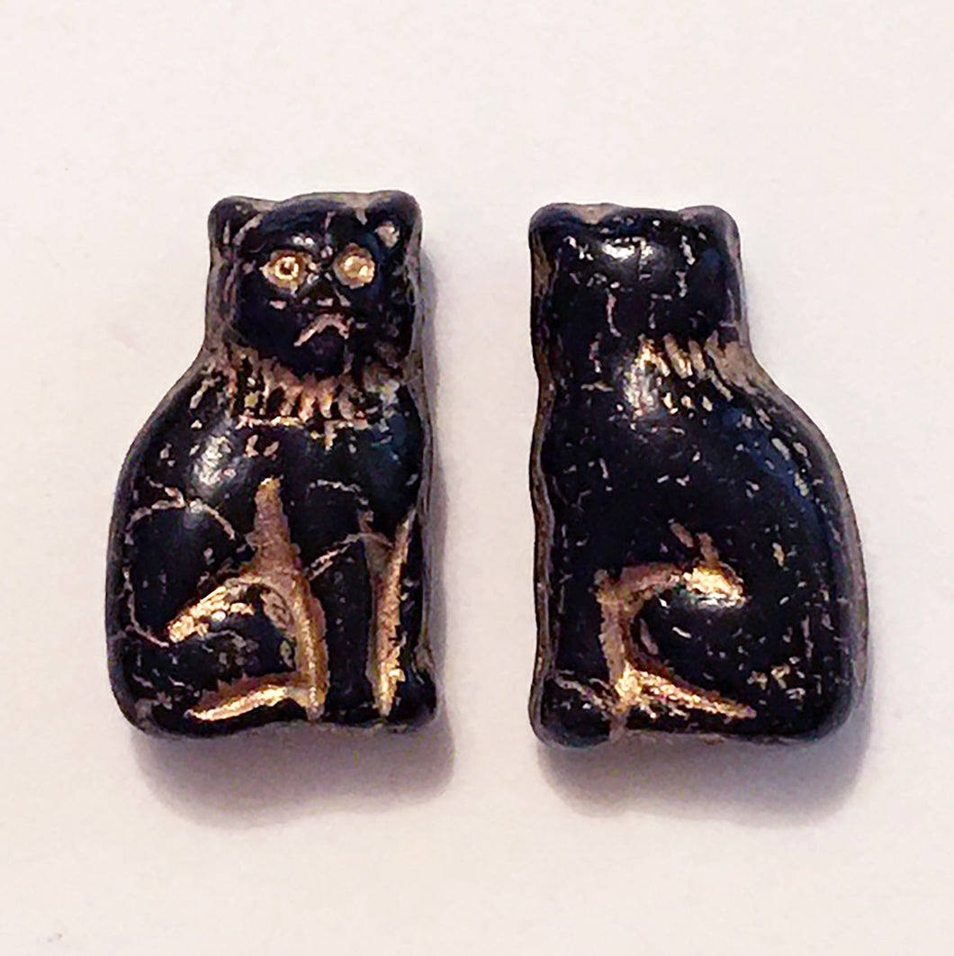 Cat Beads - pair of Czech glass beads grumpy cat in jet black