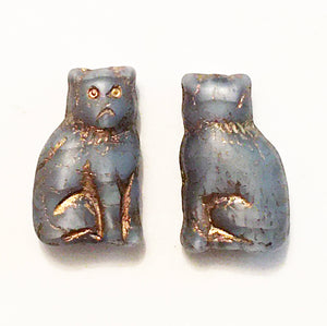 Cat Beads - pair of Czech glass beads grumpy cat in grayish blue