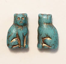 Load image into Gallery viewer, Cat Beads - pair of Czech glass beads grumpy cat in turquoise