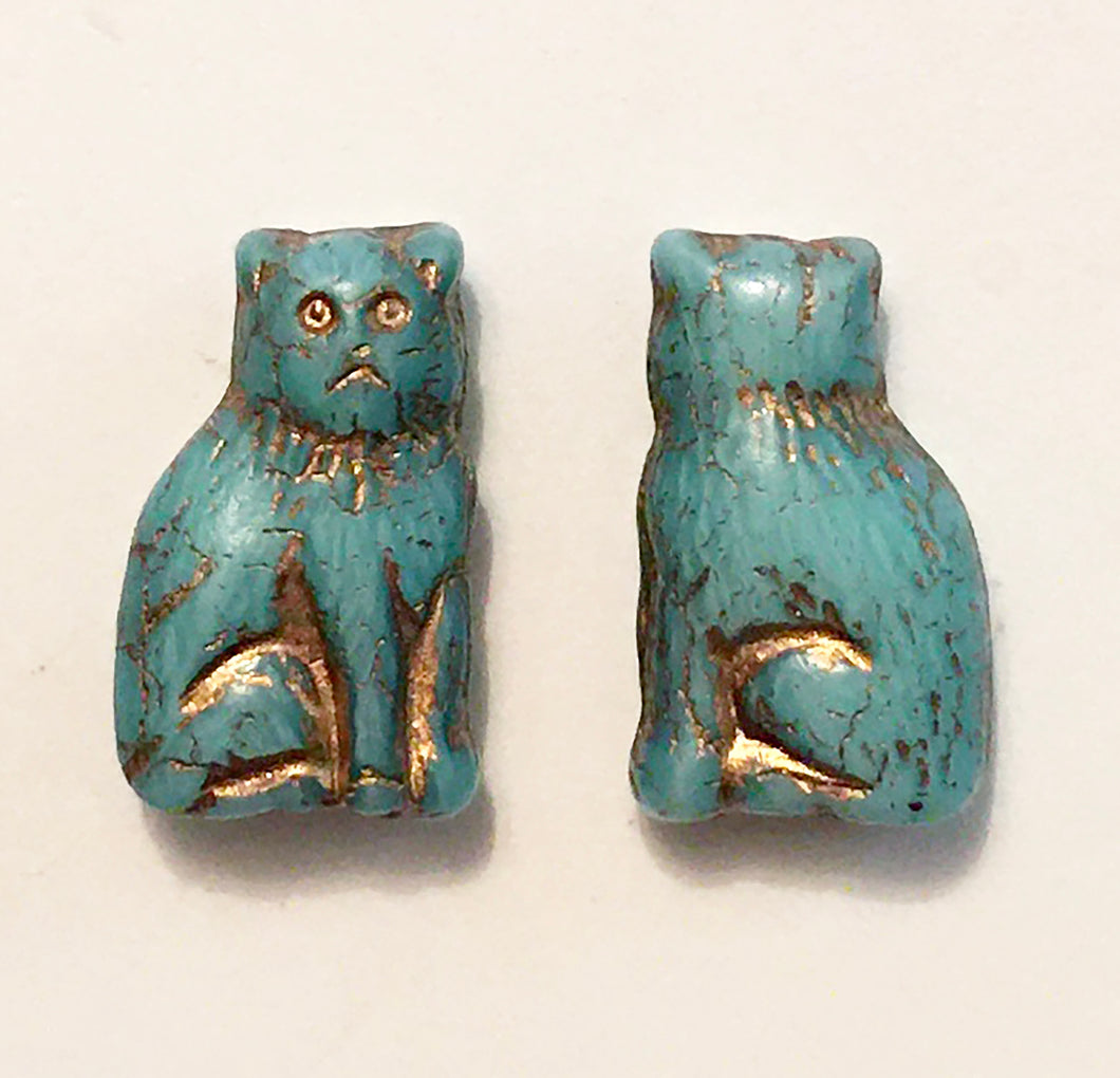Cat Beads - pair of Czech glass beads grumpy cat in turquoise