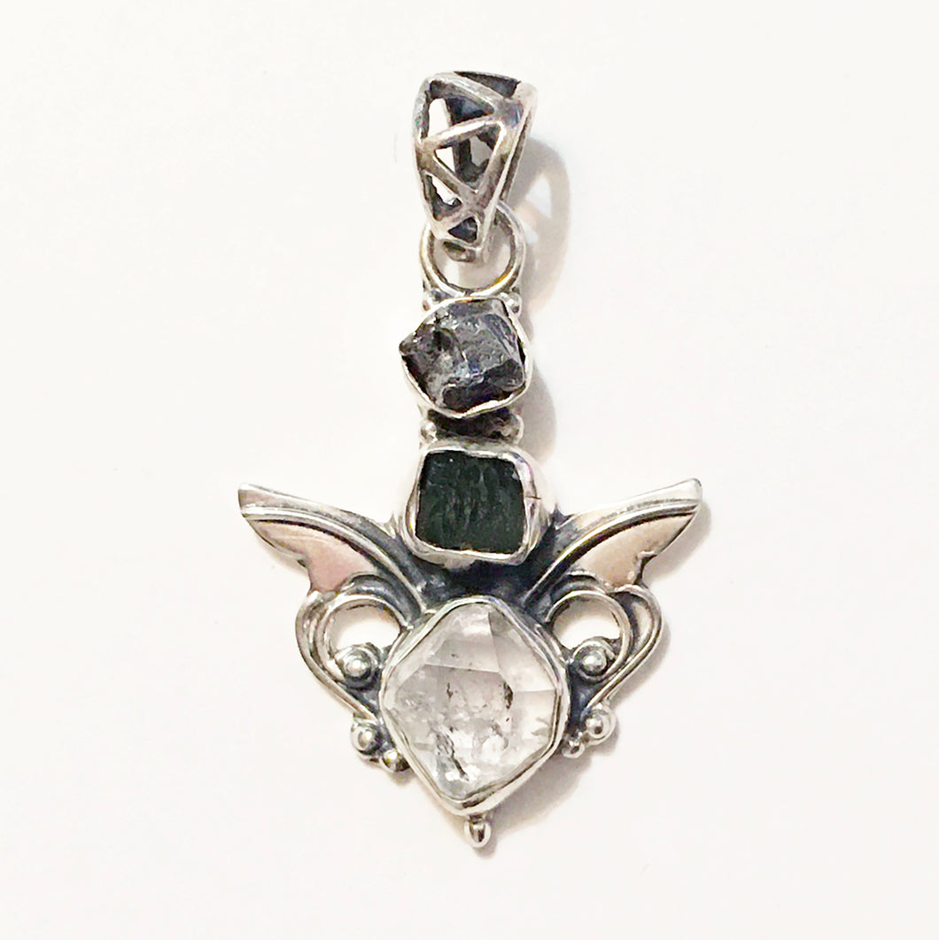 Herkimer Diamond, Czechia Moldavite and Campo del Cielo Pendant