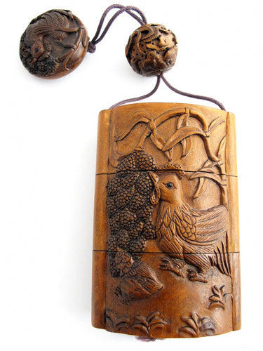 Chicken Motif Carved Boxwood Geisha Inro Box