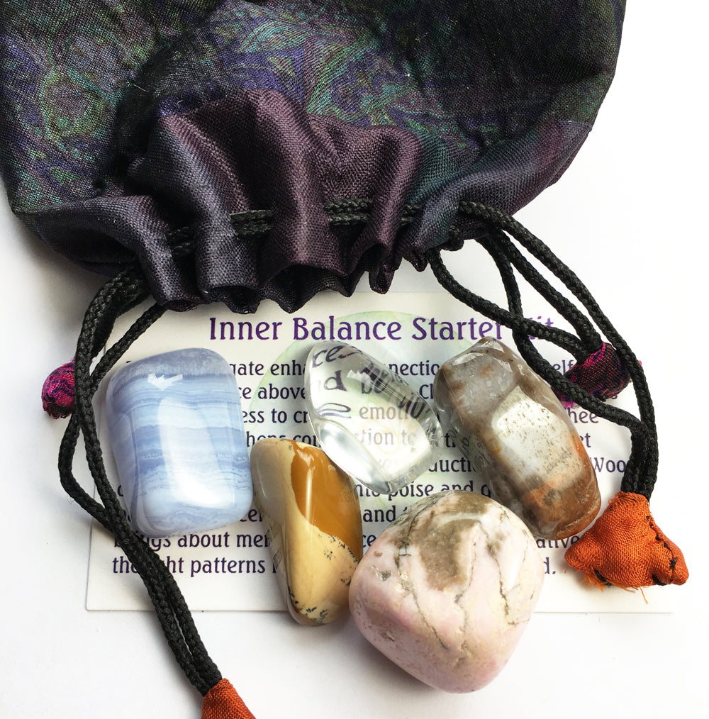 Stones for Inner Balance - Starter set of five stones in a silk sari drawstring pouch