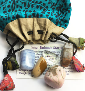 Stones for Inner Balance - Starter set of five stones in a silk sari drawstring pouch