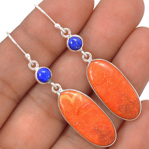 Peach Italian Coral Elongated Oval Earrings with Round Lapis Accents  - Great for Aries!