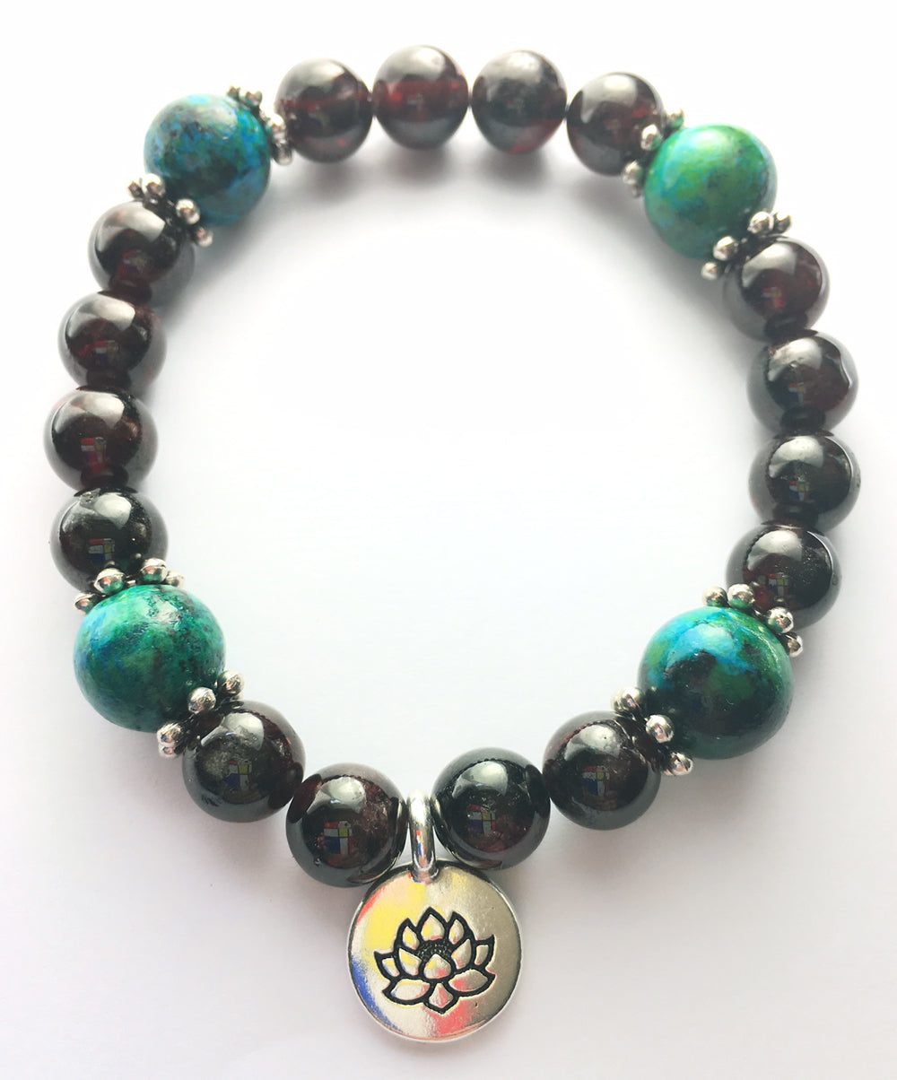 January Birthstone Garnet and Chrysocolla Bracelet with sterling silver spacers and lotus charm