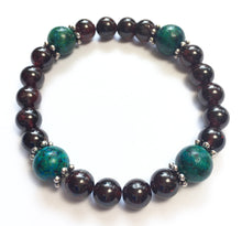 Load image into Gallery viewer, January Birthstone Garnet and Chrysocolla Bracelet with Silver Spacers