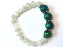 Load image into Gallery viewer, June Birthstone Moonstone and Chrysocolla Bracelet with Silver Spacers and Clasp