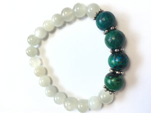 June Birthstone Moonstone and Chrysocolla Bracelet with Silver Spacers and Clasp
