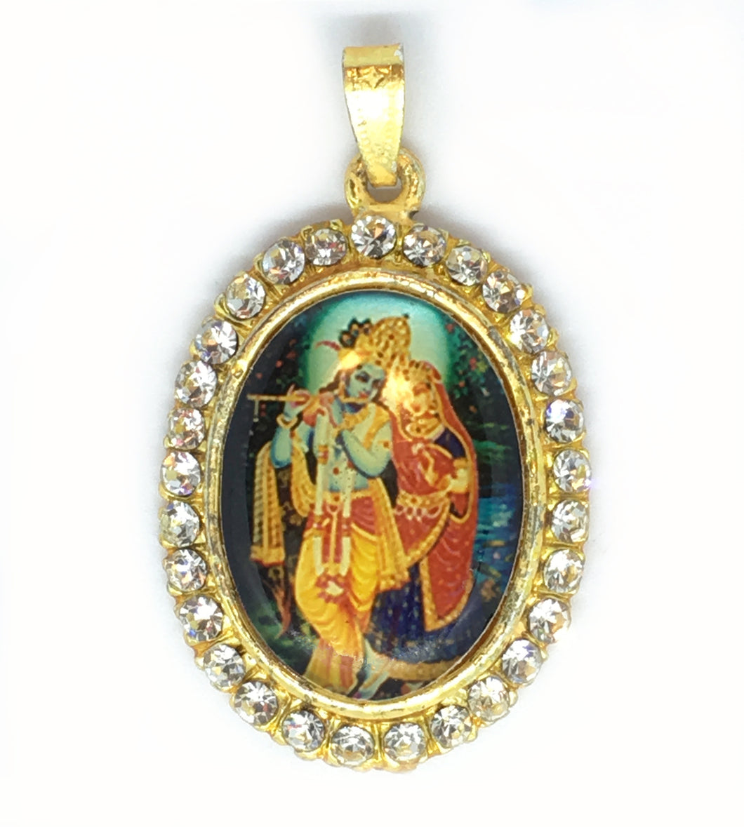 Krishna Playing his Flute next to Radha Gold-plated Brass Rhinestone encircled Medallion Pendant