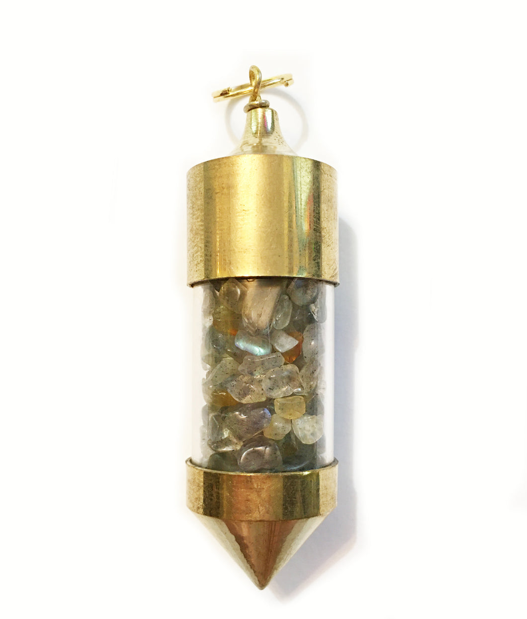 Gold plated Capped Bottle Pendant filled with Labradorite Chips