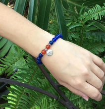 Load image into Gallery viewer, September Birthstone Lapis Bead Bracelet with Carnelian and Lotus Charm