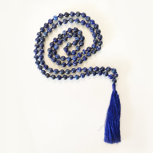 Lapis Lazuli Prayer Bead Necklace with Tassel Gemstone Mala Beads