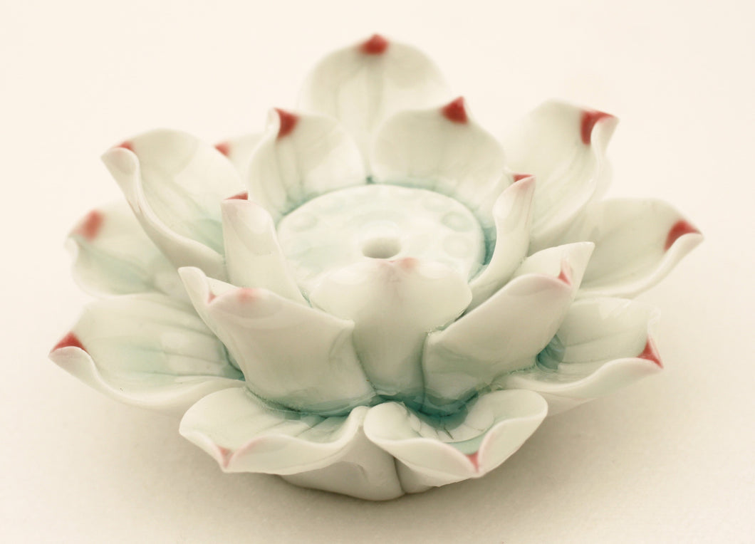Large Hand-Constructed Glazed Lotus Flower White Bisque Incense Stand