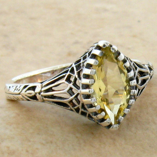 Citrine Ring size 5.75 marquise sterling silver filigree retro period reproduction