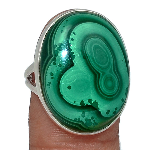 Malachite Ring with double bulls eyes in sterling silver ring size 6.5