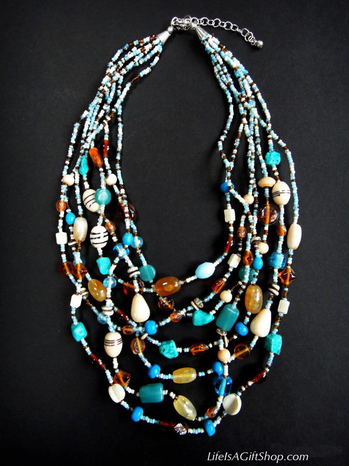 Malala Glass, Agate and Bone Necklace in Blue Tones