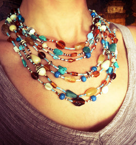 Malala Glass, Agate and Bone Necklace in Blue Tones