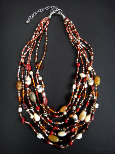 Malala Glass, Agate and Bone Necklace in Red Tones