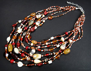 Malala Glass, Agate and Bone Necklace in Red Tones