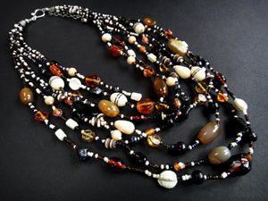 Malala Glass, Agate and Bone Necklace in Black Tones